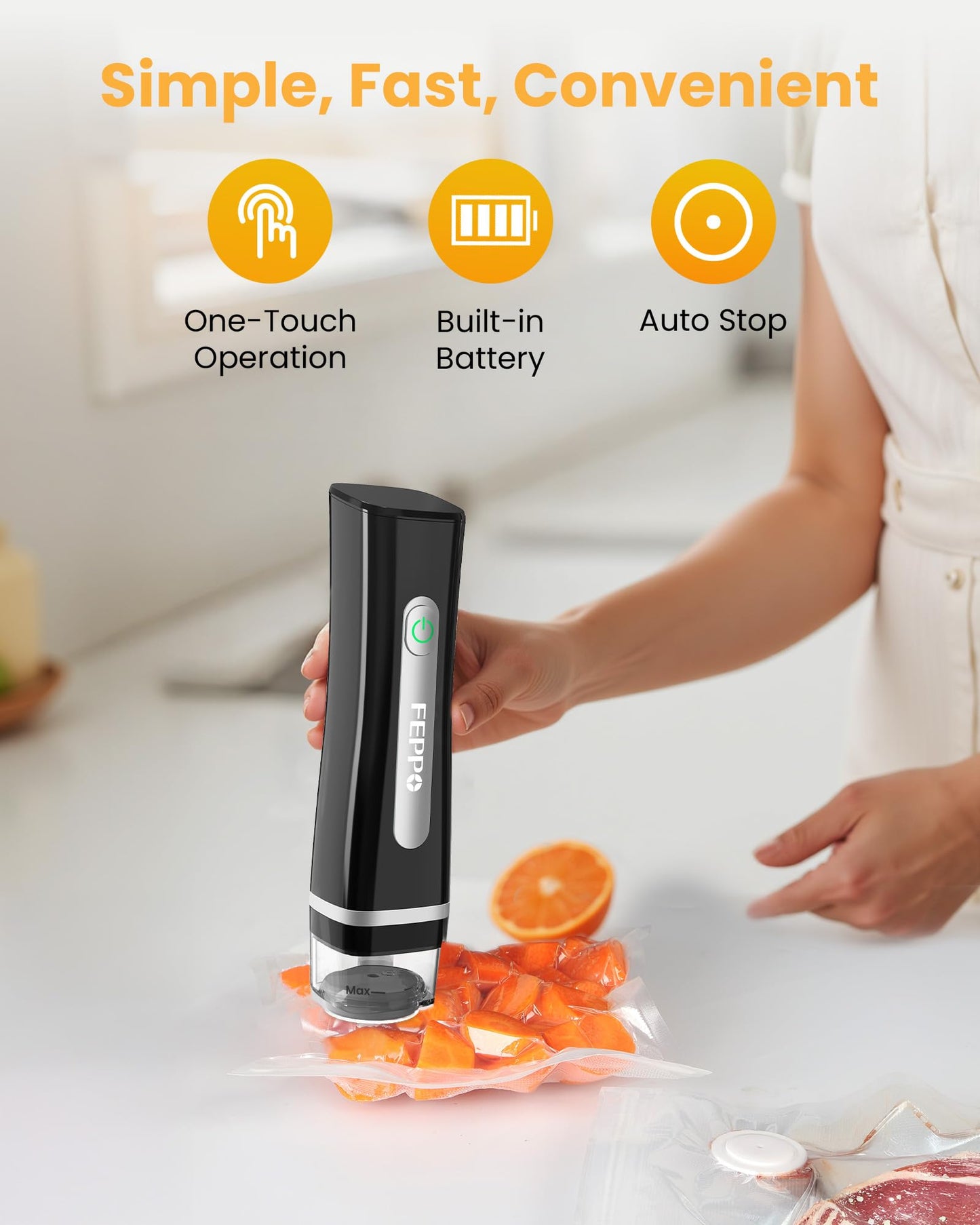 FEPPO Vacuum Sealer for Food with Visible Water Tank, Handheld Saver Compact Vacuum Sealer Machine with 30 Reusable Bags for 6X Preservation & Fresh, Black
