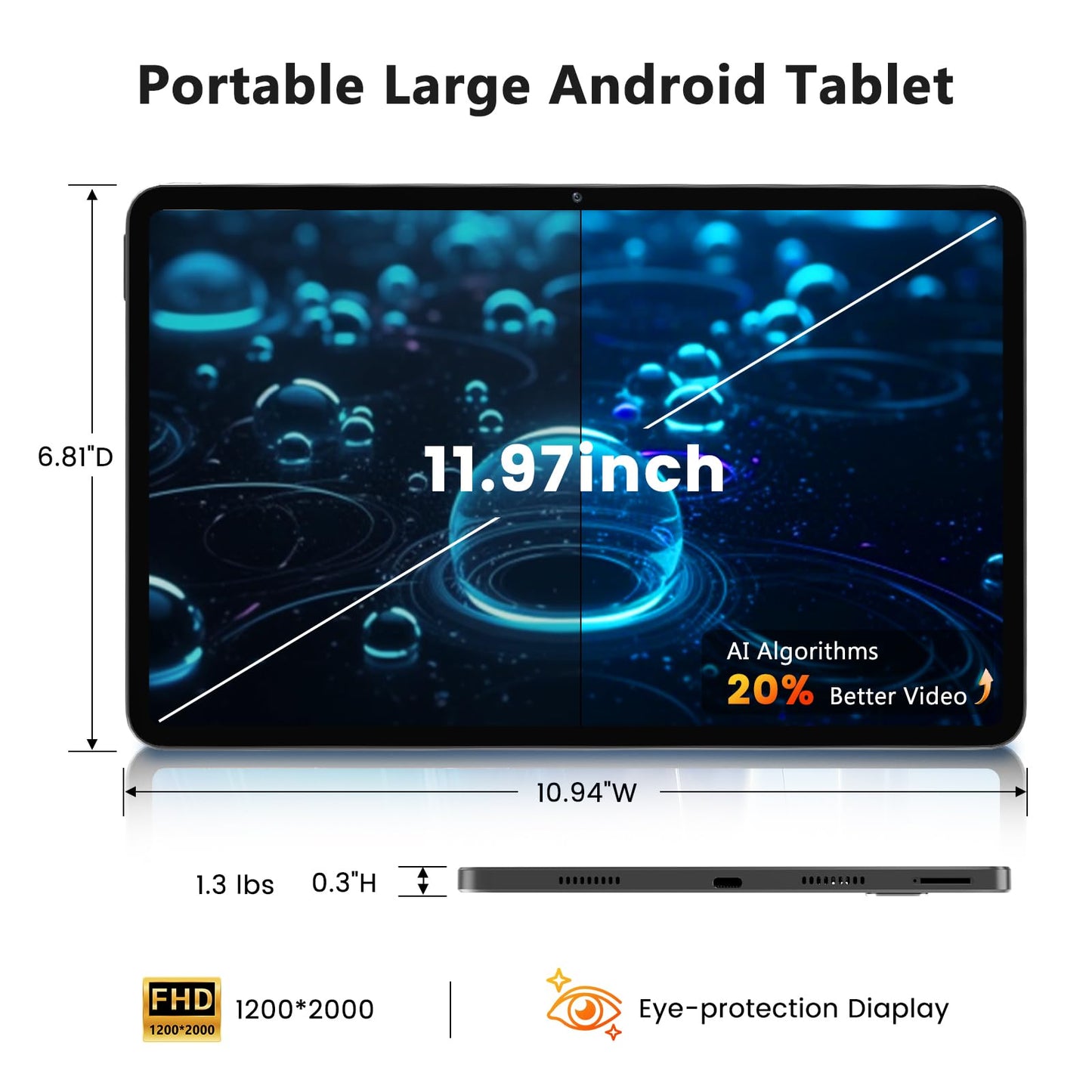 Tablet, Android 15 Tablet, 20GB RAM 128GB ROM 1TB Expansion, A733 8-Core Processor, 12 inch 2000x1200 FHD Touch Screen, 5MP+13MP Camera, WiFi6, 8000mAh Battery, Support 20W Fast Charge, Metal Grey