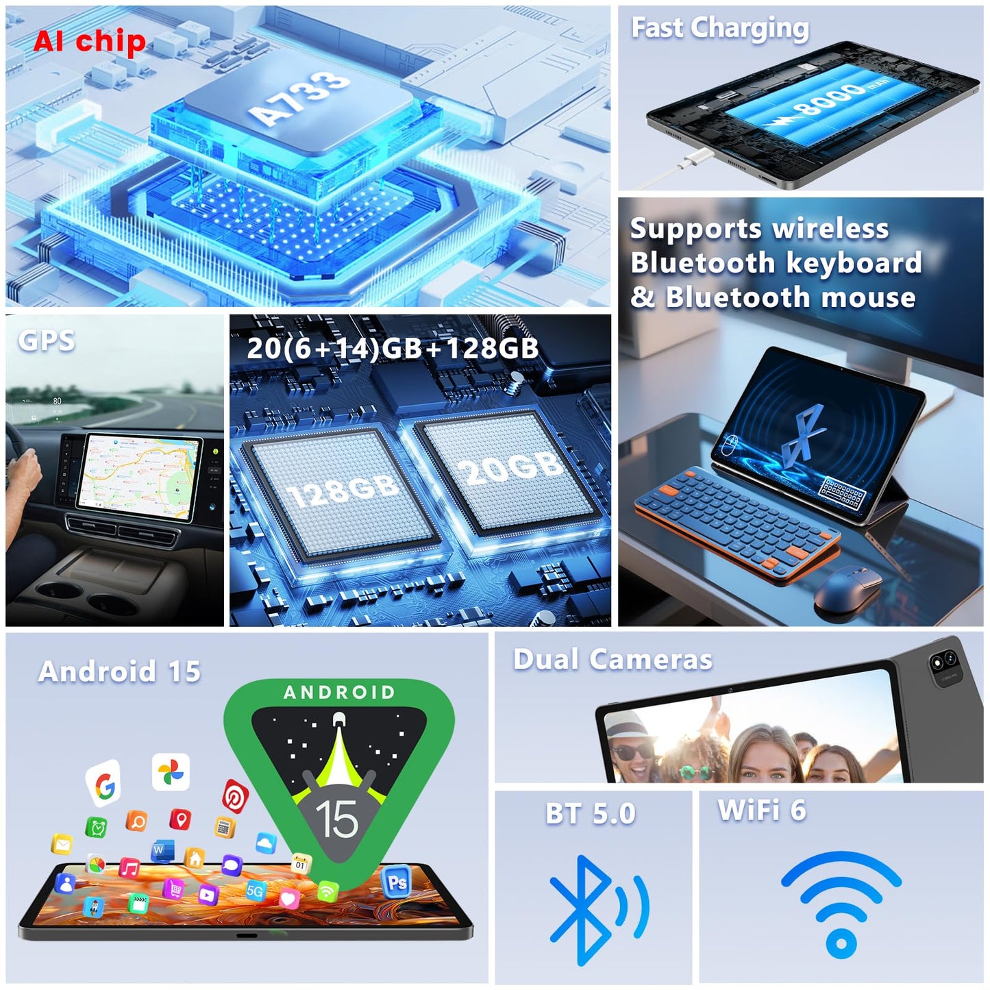 Tablet, Android 15 Tablet, 20GB RAM 128GB ROM 1TB Expansion, A733 8-Core Processor, 12 inch 2000x1200 FHD Touch Screen, 5MP+13MP Camera, WiFi6, 8000mAh Battery, Support 20W Fast Charge, Metal Grey