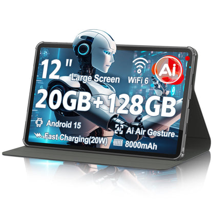 Tablet, Android 15 Tablet, 20GB RAM 128GB ROM 1TB Expansion, A733 8-Core Processor, 12 inch 2000x1200 FHD Touch Screen, 5MP+13MP Camera, WiFi6, 8000mAh Battery, Support 20W Fast Charge, Metal Grey