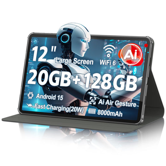 Tablet, Android 15 Tablet, 20GB RAM 128GB ROM 1TB Expansion, A733 8-Core Processor, 12 inch 2000x1200 FHD Touch Screen, 5MP+13MP Camera, WiFi6, 8000mAh Battery, Support 20W Fast Charge, Metal Grey