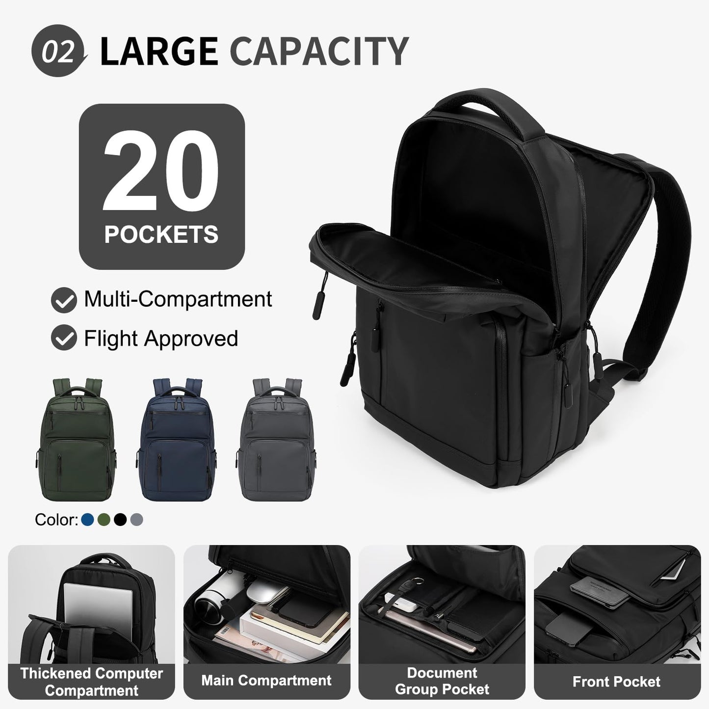 SUIKIHUM Waterproof Laptop Backpack for Men & Women, Flight Approved Anti-Theft Daypack with 15.6-inch Laptop Sleeve (Black)