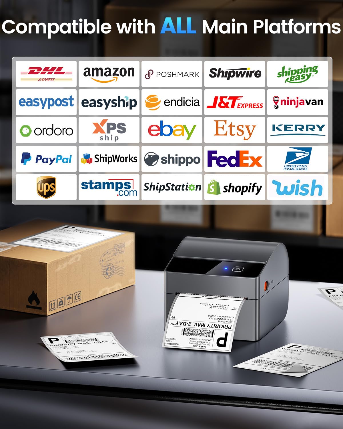 ASprink Bluetooth Shipping Label Printer 4x6, 2025 Upgraded Thermal Label Printer with Built-in Paper Bin, Thermal Printers for Small Business & Shipping Packages, Compatible with Amazon, Ebay, USPS