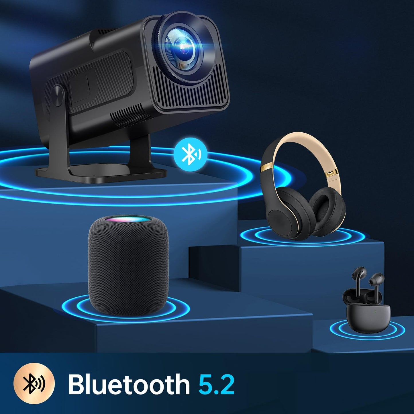 [180°Adjustable Stand]HIPPUS Smart Mini Projector with WiFi and Bluetooth, Full HD 1080P, Auto Keystone, Portable Ceiling Projector,Wifi 6,Android 11.0 (Black)