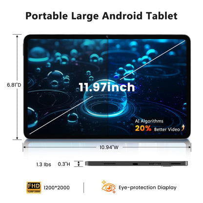 Tablet, Android 15 Tablet, 20GB RAM 128GB ROM 1TB Expansion, A733 8-Core Processor, 12 inch 2000x1200 FHD Touch Screen, 5MP+13MP Camera, WiFi6, 8000mAh Battery, Support 20W Fast Charge, Metal Grey