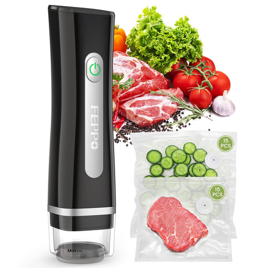 FEPPO Vacuum Sealer for Food with Visible Water Tank, Handheld Saver Compact Vacuum Sealer Machine with 30 Reusable Bags for 6X Preservation & Fresh, Black