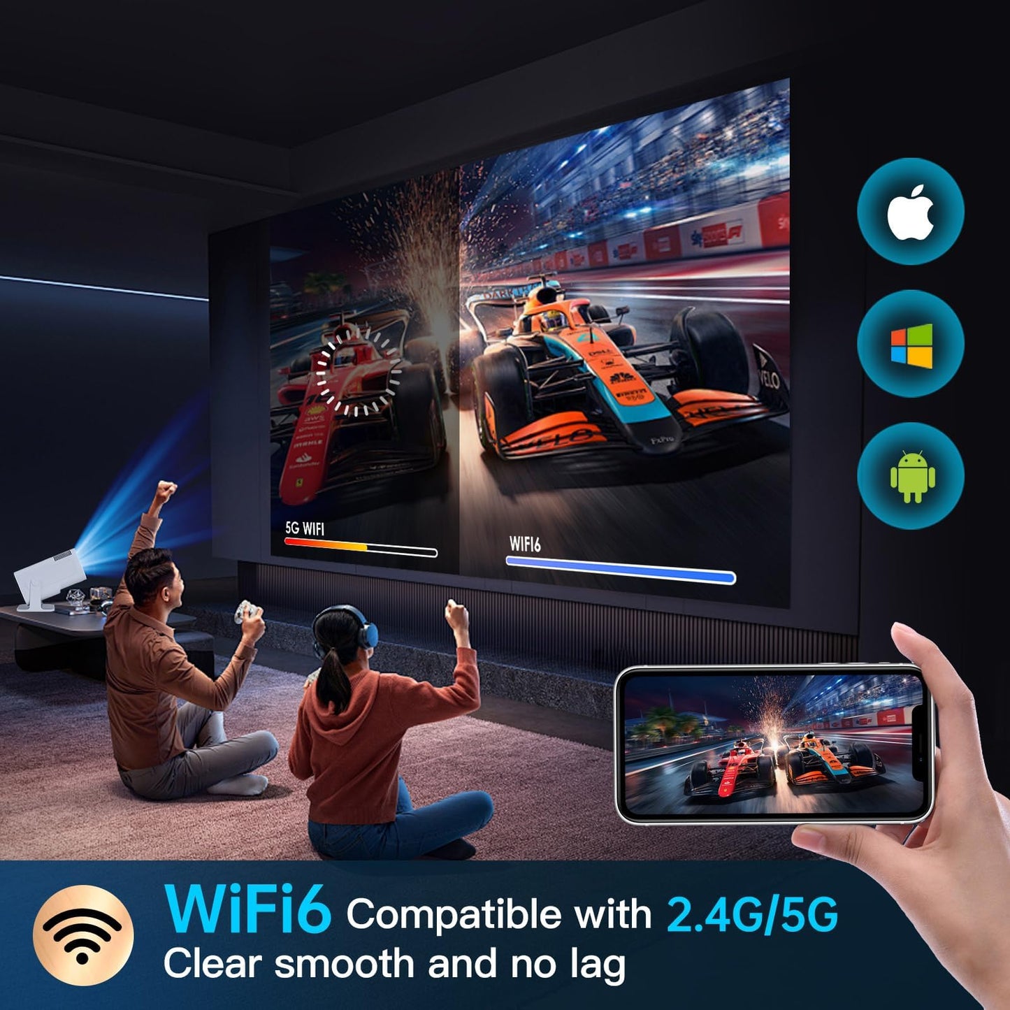 [180°Adjustable Stand]HIPPUS Smart Mini Projector with WiFi and Bluetooth, Full HD 1080P, Auto Keystone, Portable Ceiling Projector,Wifi 6,Android 11.0 (Black)