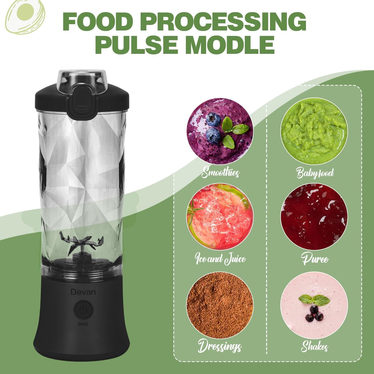 Portable Blender, Shakes and Smoothies Waterproof 20 oz BPA Free Blender Cup and a Travel Lid. (Black, 20 oz)