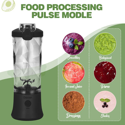 Portable Blender, Shakes and Smoothies Waterproof 20 oz BPA Free Blender Cup and a Travel Lid. (Black, 20 oz)